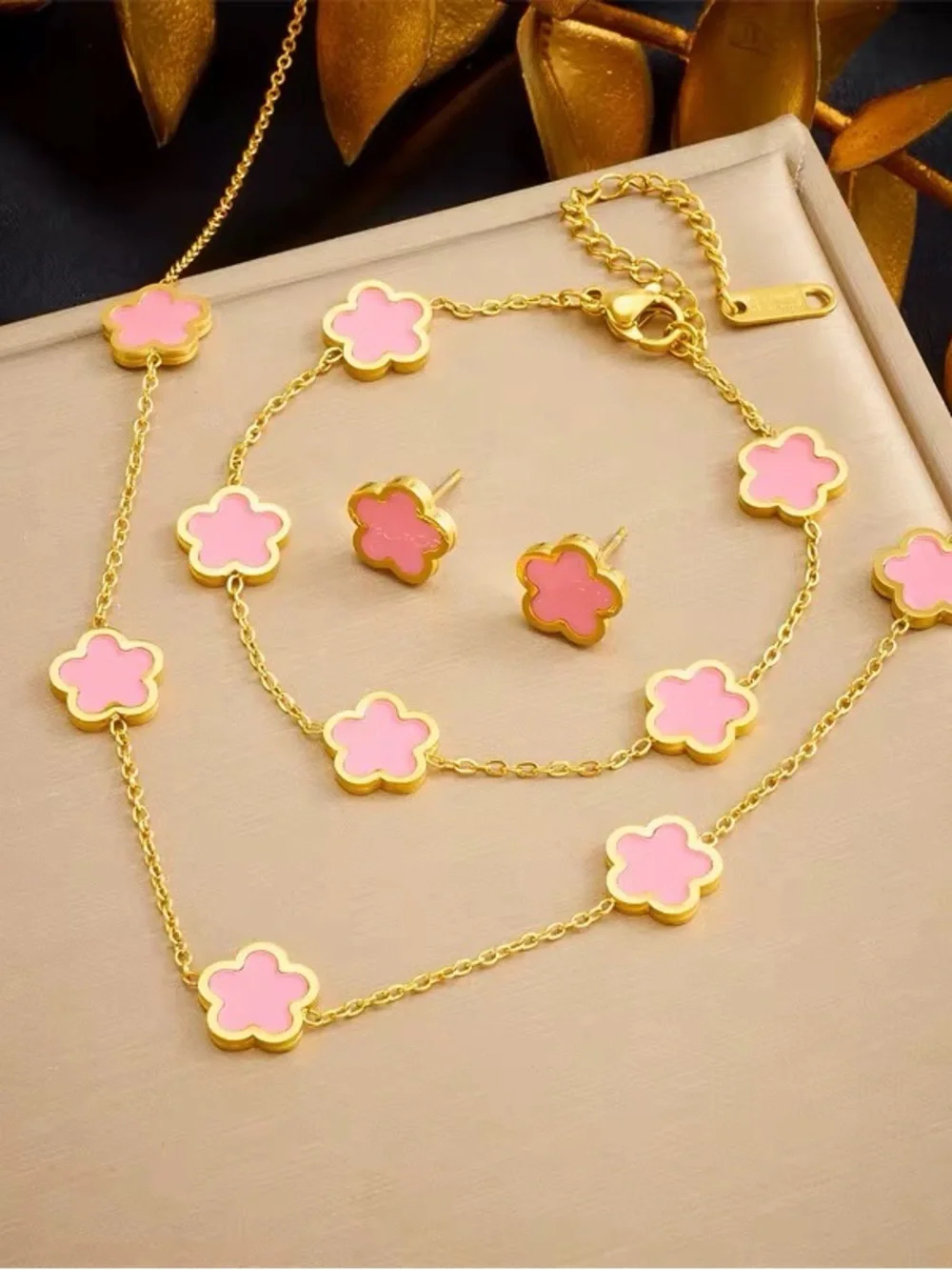 Gold-Plated Pink Flower Necklace & Earrings Set